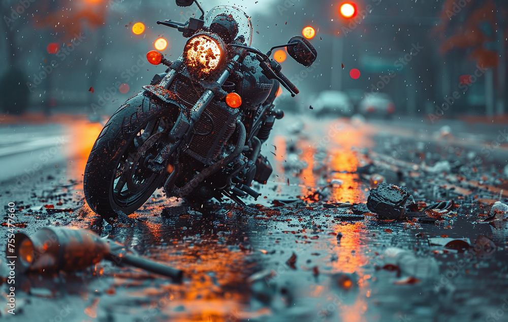 Motorcycle parked on a wet street at night, illuminated by city lights with a bokeh effect.