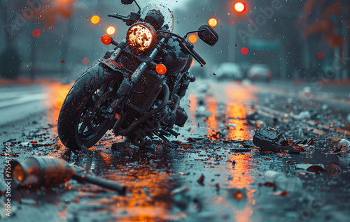 Motorcycle parked on a wet street at night, illuminated by city lights with a bokeh effect. © Gayan