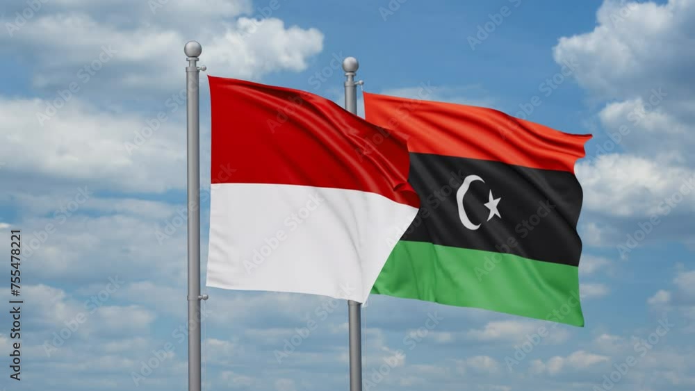Libya and Indonesia two flags waving together, looped video, two country cooperation concept Libya and Indonesia two flags waving together, looped video, two country cooperation concept
