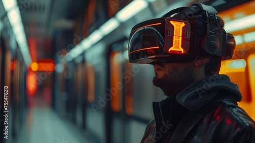 Man using VR or virtual reality glasses, trying concentration and exploring metaverse, futuristic technology concept. side view. 