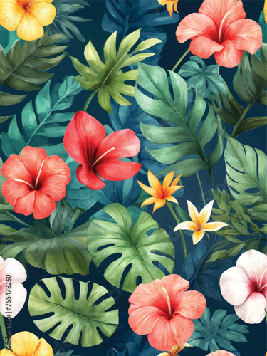 Beach cheerful seamless pattern wallpaper of tropical dark green leaves of palm trees and flowers bird of paradise (strelitzia) plumeria on a watercolor background