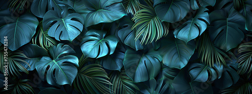 Tropical monstera leaves in dark blue tones  seamless nature background.