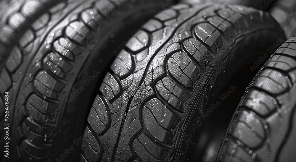 Close-up of car tires texture with tread pattern in black and white. Close-up of car tires texture with tread pattern in black and white.
