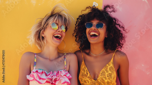 Two young women laughing together in bright summer outfits outdoors  
