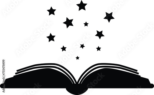 Magic reading icon. Open book with thick book cover and black soft stars flying out sign. Open book symbol. flat style.