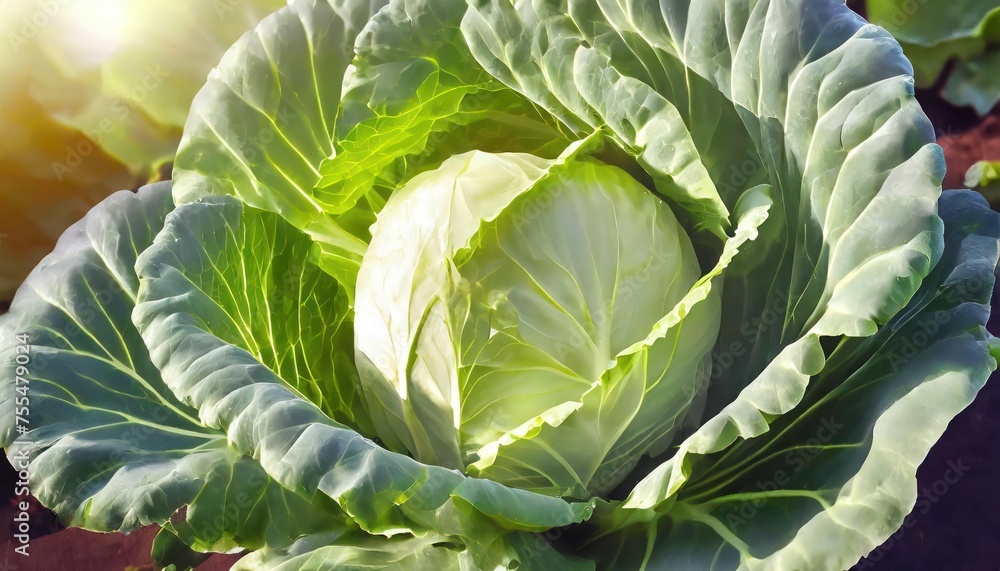 Fototapeta premium Fresh organic annual cabbage growing in an eco-garden, Vegetarian, healthy, natural food, 