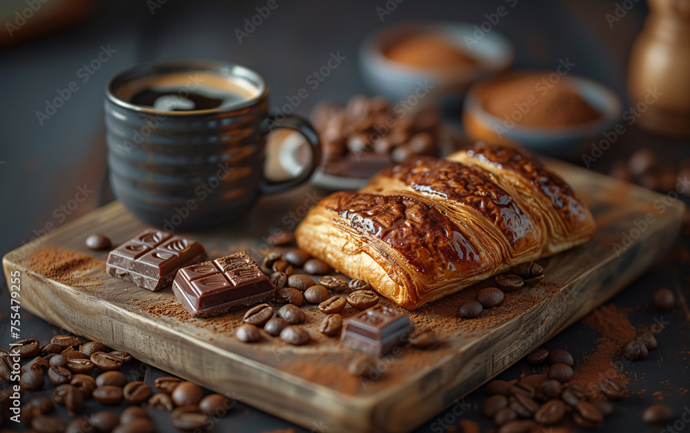 Food studio photography of a classic and traditional french breakfast at the coffee shop with coffee and chocolate pastry (pain au chocolat) Food studio photography of a classic and traditional french breakfast at the coffee shop with coffee and chocolate pastry (pain au chocolat)