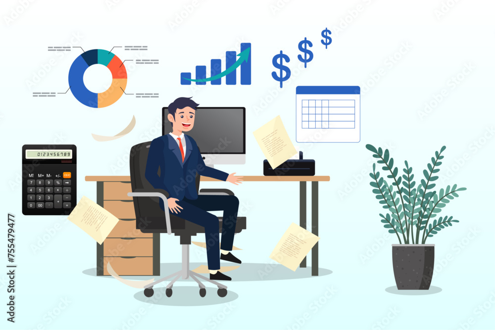 Business man accountant working in the office, accountant calculate tax, finance or accounting document, manage invoice, office financial chart and graph, money report or balance audit (Vector) Business man accountant working in the office, accountant calculate tax, finance or accounting document, manage invoice, office financial chart and graph, money report or balance audit (Vector)