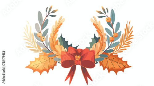 Merry christmas leafs crown with bow decoration vectors