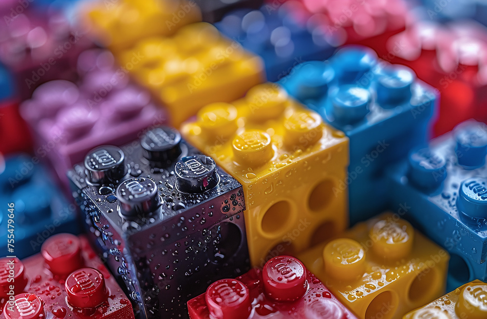 Colorful interlocking plastic bricks (commonly known as LEGO) with water droplets, close-up with selective focus. - obrazy, fototapety, plakaty 