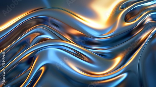 reflective chrome metal undulations, textured yellow and blue chrome liquid backdrop