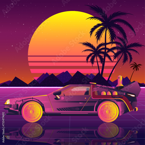 Retro futuristic sports racing car on sunset landscape background. The car of the future. Vintage poster in 1980s style.