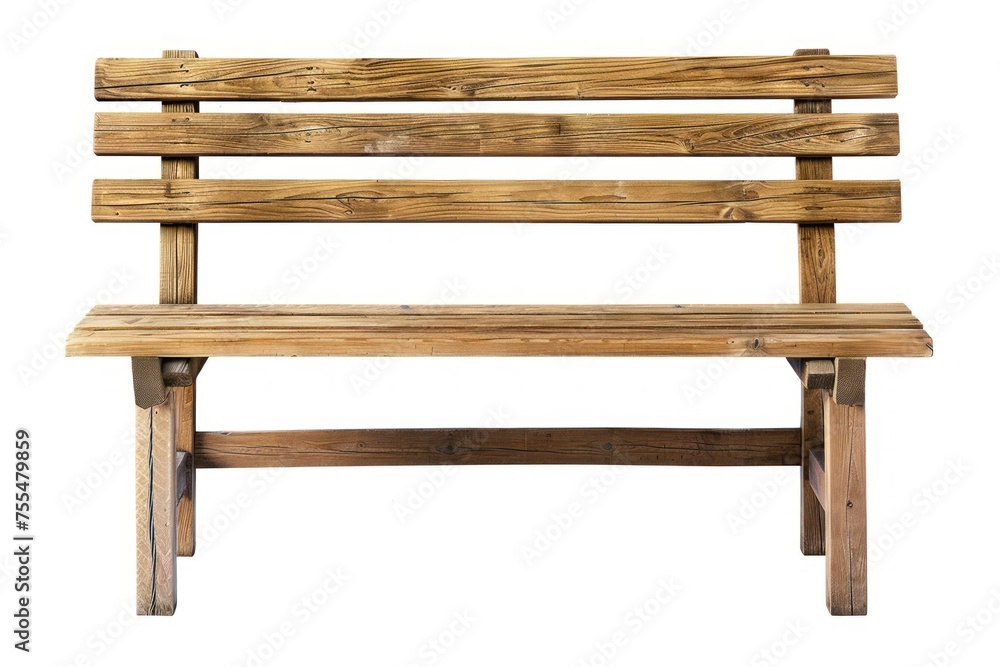 A wooden bench with a white background. The bench is empty and has a rustic appearance. The wood grain is visible, giving the bench a natural and warm feel A wooden bench with a white background. The bench is empty and has a rustic appearance. The wood grain is visible, giving the bench a natural and warm feel