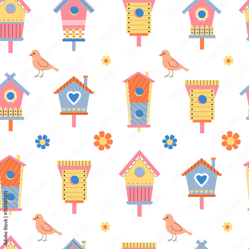 Colorful wooden birdhouses seamless pattern. Birds and flowers. Handmade crafted house for birds. Wrapping paper, background, digital paper.