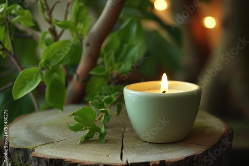 Burning candle in glass on brown stump with background of green tropical leaves. Aromatherapy and spa atmosphere with copy space for test. Empty wooden podium with pastille