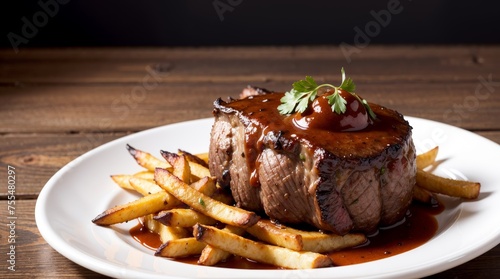 Juicy steak with fries and gravy on a plate. Studio photo.