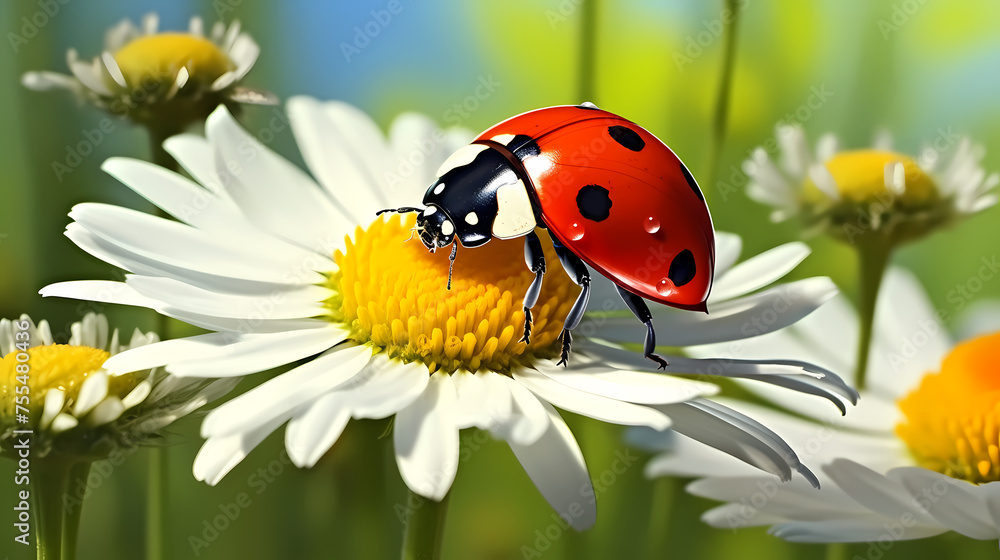 Ladybug on flower, a ladybug on background Ladybug on flower, a ladybug on background