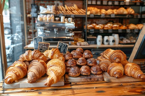 An enticing display of croissants and various pastries in a bakery window for passerby photo