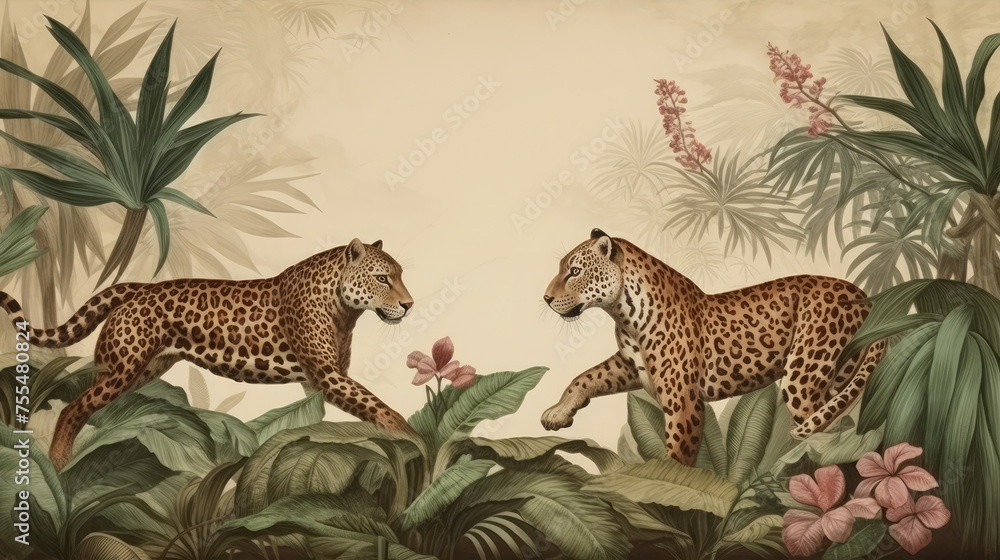 Naklejka premium Retro mural photo wallpaper jungle and graceful leaves tropical forest animal, leopard, tiger, vintage background, graphics, painting, art, card, poster, print, interior, generative AI