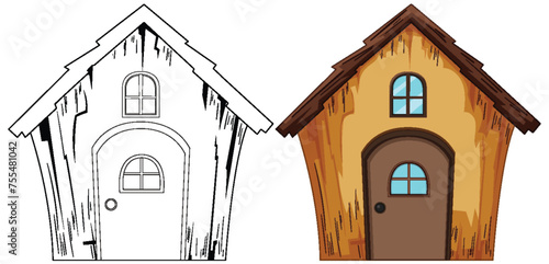 Two stages of a house illustration, sketch to color