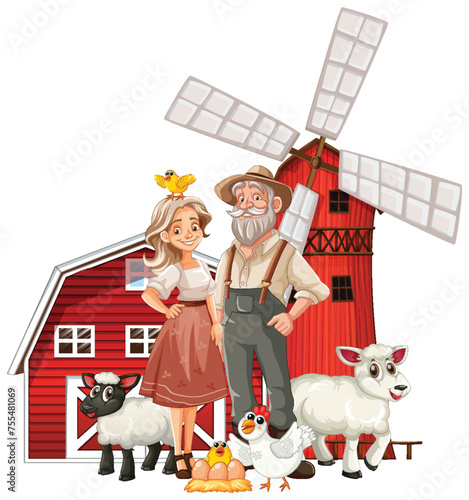 Illustration of farmers with animals by a windmill. © GraphicsRF