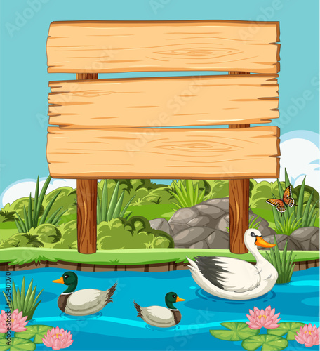 Ducks and butterfly by a pond with empty signboard.