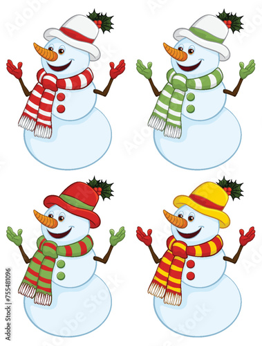 Four cheerful snowmen dressed in holiday-themed accessories.