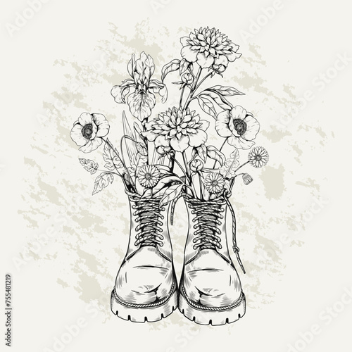 Flowers in vintage boot. Sketch shoe of hipster with wild hand drawn garden. Retro adventure and walk. Blooming plants. Spring footwear with blossoms. Vector retro design illustration