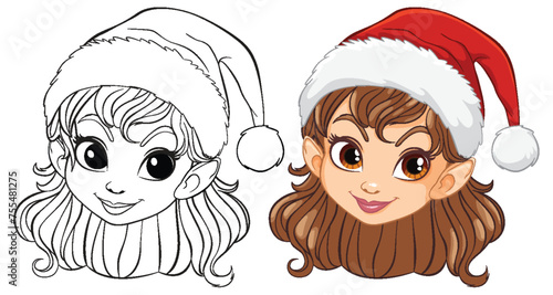 Vector illustration of girl with Santa hat, colored and line art.
