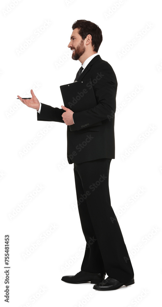 Handsome man with clipboard on white background