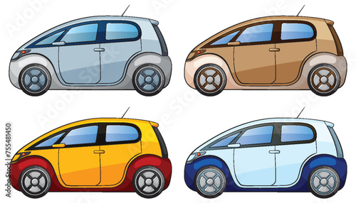 Four stylized vector illustrations of compact cars.