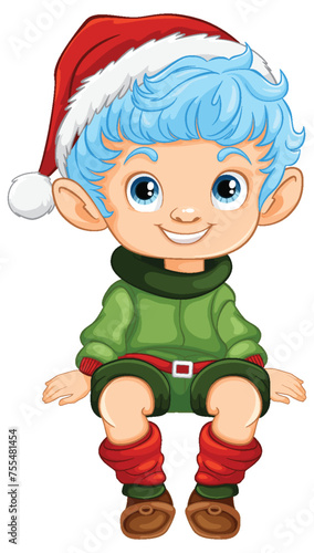 Cartoon elf in Christmas attire smiling cheerfully.