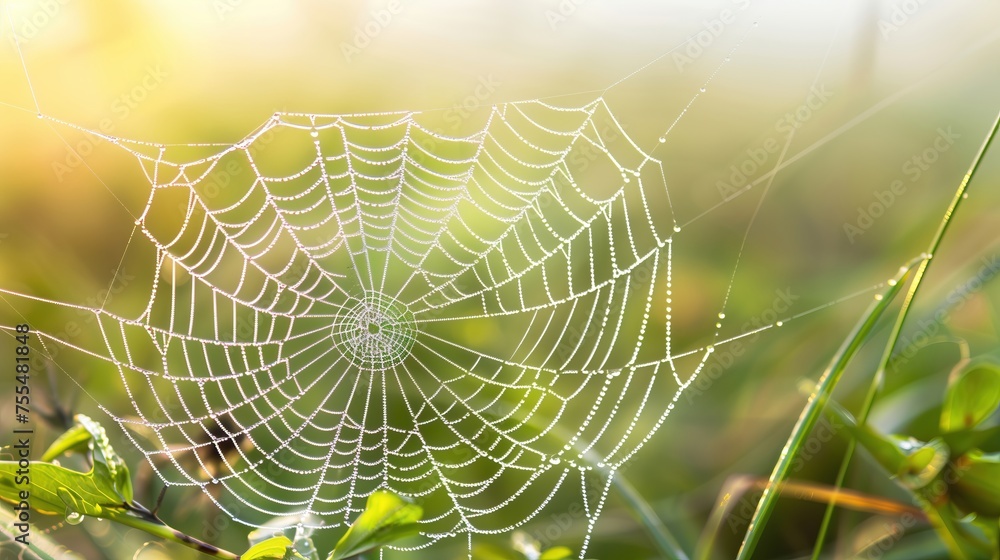 Early morning light captures the delicate dewdrops adorning a spider's web, woven amidst a tranquil green backdrop