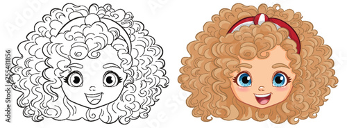Black and white and colored vector illustrations of a girl