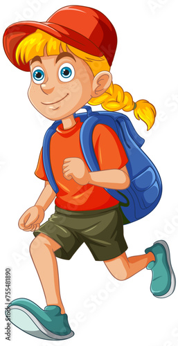 Animated girl walking with a backpack and a smile.