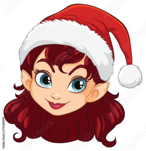 Cartoon elf girl smiling in a Santa hat.