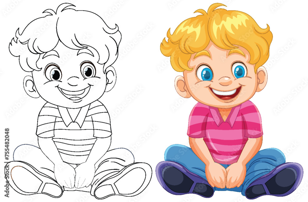 Black and white sketch and colored illustration of a boy Black and white sketch and colored illustration of a boy