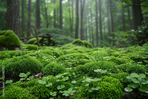 A lush forest with moss-covered trees, bathed in sunlight and exuding the tranquil beauty of the wilderness.