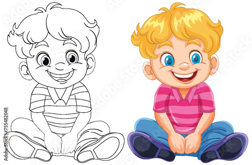 Black and white sketch and colored illustration of a boy