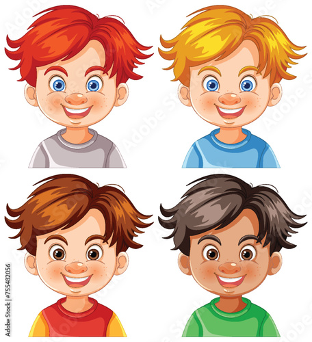 Four cartoon boys smiling with different hairstyles