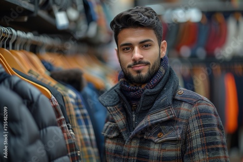 Fashionable young man chooses clothes from a rack in a modern boutique.