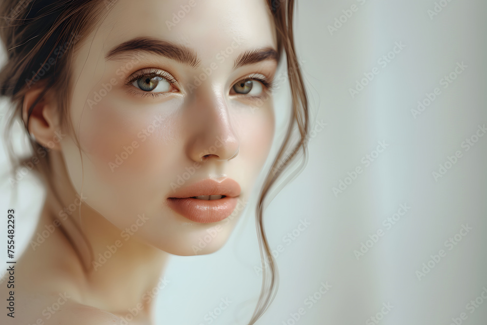 Naklejka premium beautiful girl on white background, Beautiful skin and healthy hair of woman, natural makeup