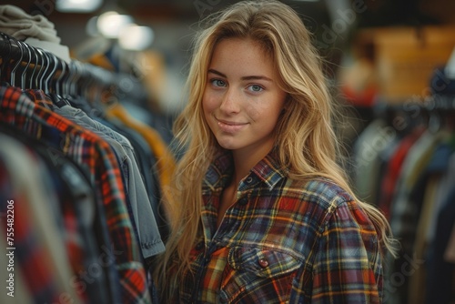 In a modern store, a woman is happy to look at various clothing options.