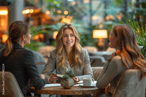 A group of three friends enjoying coffee and cheerful conversation in a cafe.
