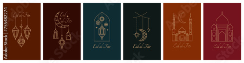 Ramadan pattern. Islam mubarak greeting card with modern muslim moon and mosque, ramazan crescent and minimal traditional lanterns. Isolated elements. Vector design. Abstract backgrounds set
