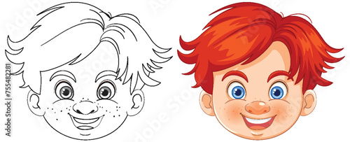 Colorful and line art boy faces side by side.