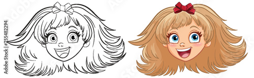 Vector illustration of a happy, young girl with a bow