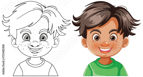 Vector illustration of a boy, colored and line art