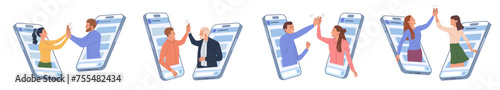 Online friendship. Phone call. Friends clap hands. Digital talk. Virtual hi dialogue. Message in smartphone. People communication. High five gesture. Mobile technology. Vector flat set