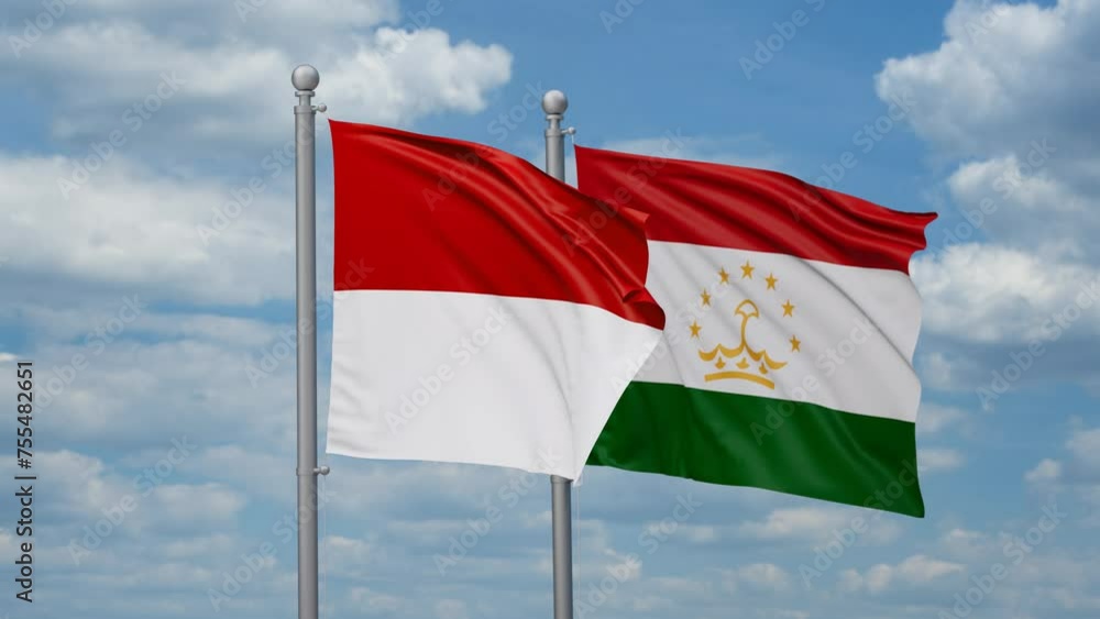 Tajikistan and Indonesia two flags waving together, looped video, two country cooperation concept Tajikistan and Indonesia two flags waving together, looped video, two country cooperation concept